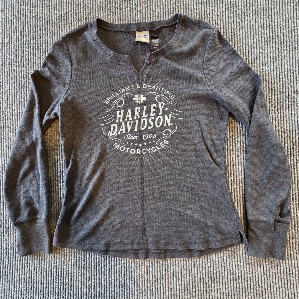 Harley Davidson Thermal Henley Shirt Womens Size L Gray Long Sleeve Biker Waffle